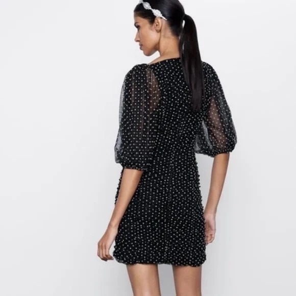 ZARA Chiffon Black Polka Dot Ruched Mini Dress Black Gray Party Blogger Small - Picture 9 of 16